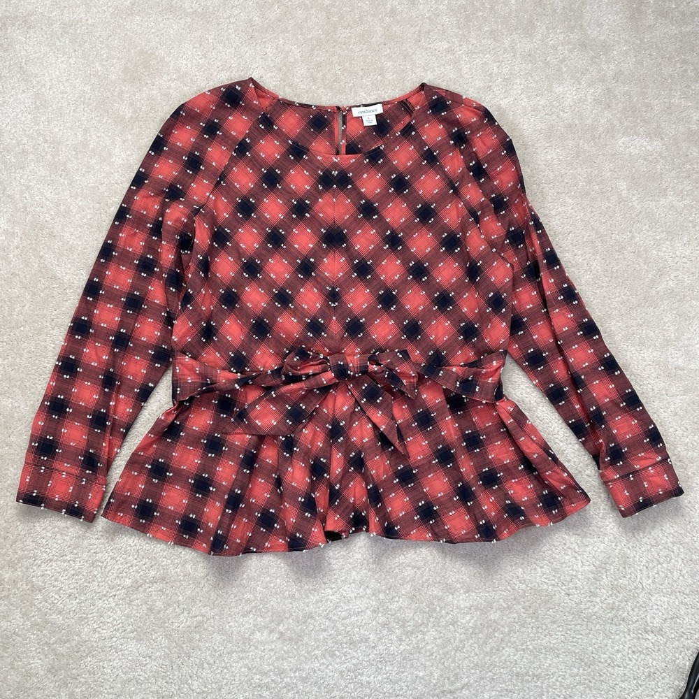 Sundance My Favorite Plaid Top Womens L Long Sleeve Peplum Red Black Textured